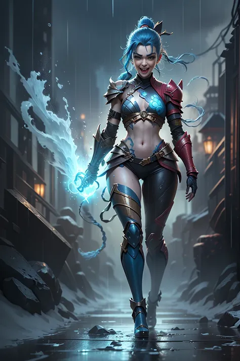 (Long shot: 1.5), jinx (league of legends), (1girl, League of Legends Jinx), (Scarlet eyes, crazy laughter, Blue double ponytail hair: 1.5), kung fu, ((Wearing gold futuristic sci-fi titanium alloy armor: 1.5, head to toe, crystal high heels, standing)), (...