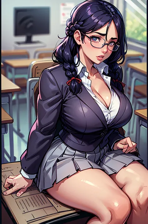 Hot student wearing school uniform in class, glasses, braided hair, large breasts, cleavage, thick and muscular leg, depth of field, cinematic lighting, anatomically correct, high detail, UHD