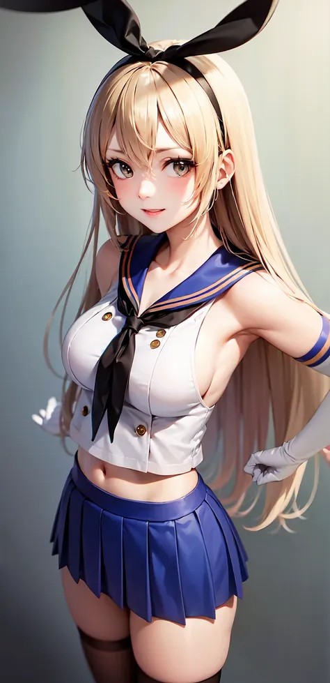 (masterpiece, best quality:1.2),illustration,8k,hd,1girl,solo,upper body,(portrait:1.2),long_hair,blonde_hair,elbow_gloves,underwear,striped_thighhighs,white_gloves,smile,navel,yellow eyes,highleg_panties,black_panties,anchor_hair_ornament,highleg,blush,sc...