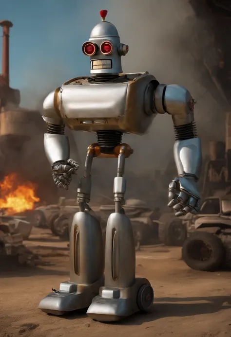 A photo of Bender at a robot demolition derby,Futurama,He often has a beer and cigar. Being that he is a robot, he doesn’t wear clothes. He is gray and made of simple geometric shapes. His arms are flexible tubes. His body has a "shiny metal ass", two legs...