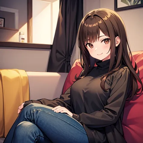 Anime, anime female character, brown hair, brown eyes, black shirt with woolen turquoise jacket, black jeans, sitting on couch, smile, thick thighs