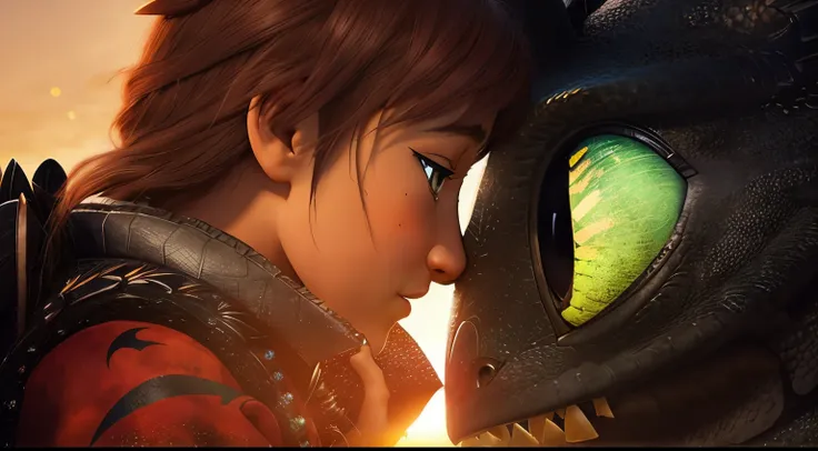 a close up of a person kissing a dragon with the sun in the background, how to train your dragon, toothless, # film, dragon kissing, cinematic. ”, night fury, animated film, cinematic shot!, scene from live action movie, hiro, frame from pixar movie, anima...