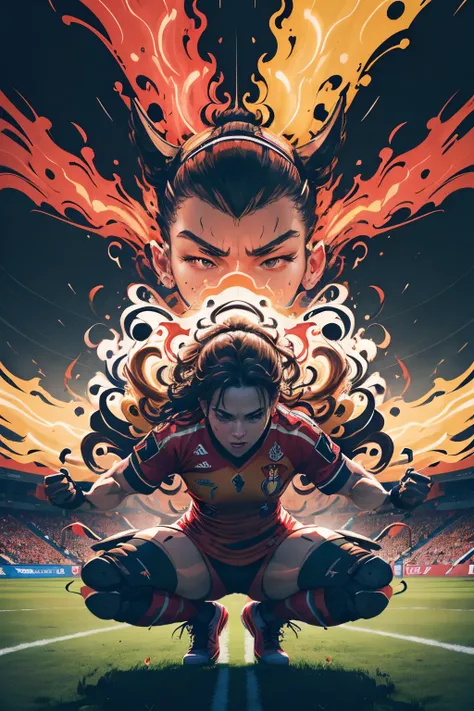 (best quality,4k,highres,masterpiece:1.2),ultra-detailed,realistic,portrait,abstract art,Belgium women u23 VS Portugal women u23,red flames,football match, vibrant colors, dynamic composition, dramatic lighting, energy, passion, intense competition, skillf...