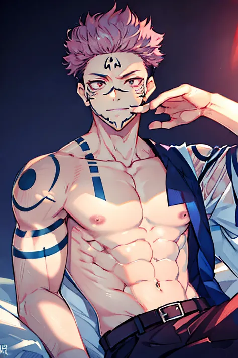 best qualtiy， tmasterpiece， face expressionless， 超高分辨率， detailedbackground， 独奏， muscles male， short detailed hair， Sat down， sofe， Real shadows and light， depth of fields， Sukuna is a pink-haired and shirtless man， tattoo_ryoumen， tattoo_on_his_face， Eye f...