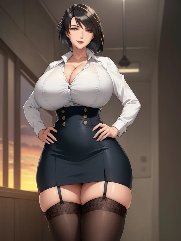 (masterpiece, highres, high quality:1.2), intricate details, cinematic lighting, ambient occlusion, WakatsukiRisa, 1girl, solo, mature female, cowboyshot, standing, hands on hips, park, evening, sunset, naughty face, smile, black hair, short hair, makeup, ...