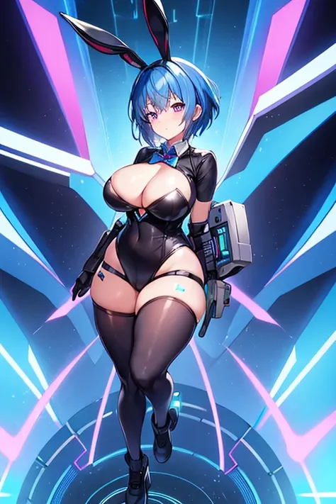 1girl, blue hair, large breasts, bunny ears, rabbit ears, wide hips, bodysuit, black bodysuit, short hair, very short hair, science-fiction, tech, futuristic, machinery, full body, ((full body)), neon trim, purple eyes