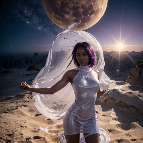 Aerial view shot of An African woman dressed in a leather African designed cloth, rising out of a white creamy liquid, covering her whole body as she rises out of the liquid, purple sky above her, white large full moon in the background, shining a white li...