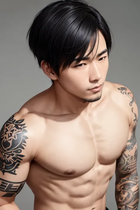 asian man, white skin with tattoos on his body and black hair