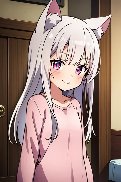 (((masterpiece))), high_resolution, highres, high_quality, 1girl, anime, ultra-detailed, kawaii, loli, child, white_hair, long_hair, straight_hair, cat_ears, pink_eyes, smile, pink_shirt, room, shy, solo