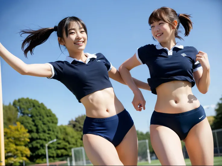 two girls running in the schoolyard,Navy blue briefs in speed style without logo,White school gymnastics shirt,18year old,Bangs,A little smile,thighs thighs thighs thighs,Knees,short cut hair,poneyTail,From below