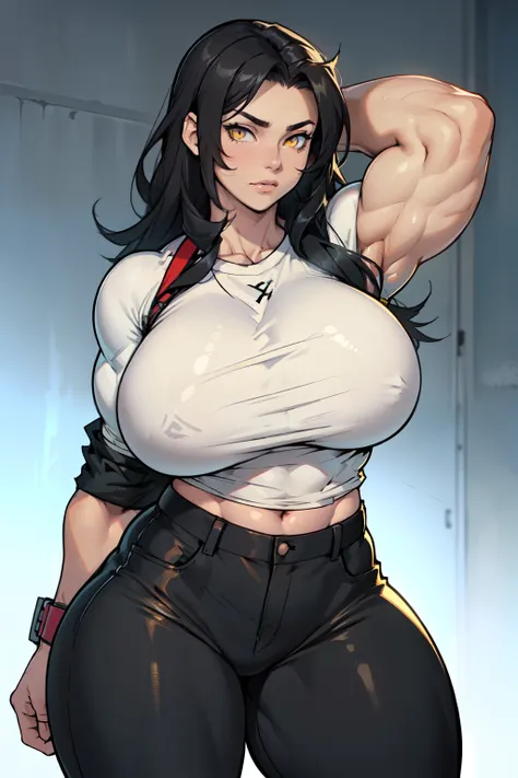 ((((muscular 1girl)))) ((((thick thighs toned body huge breasts)))) (pale skin) black hair yellow eyes very long hair tight shirt tight pants