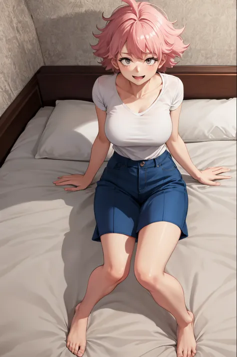 [mina ashido], [Boku no hero academia], ((masterpiece)), ((full body)), ((solo portrait)), ((cute)), ((feet visible)), ((High definition)), ((anime)), ((Kohei Horikoshi)), ((detailed shading)), ((intricate details)), [mina ashido; (pink skin), big round bl...