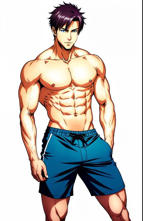 a close up of a man with a shirt on posing for a picture, shirtless :: high detail, anime handsome man, handsome anime pose, shirtless, tall anime guy with blue eyes, male anime character, !!full body portrait!!, prefect body, muscular!!, masculine pose, m...