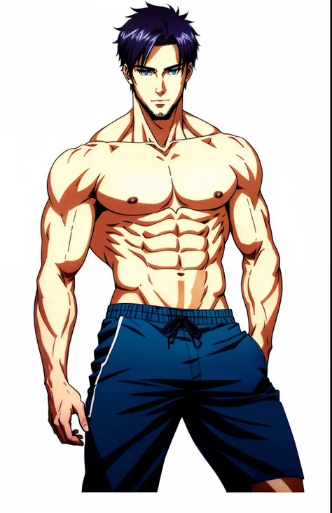 a close up of a man with a shirt on posing for a picture, shirtless :: high detail, anime handsome man, handsome anime pose, shirtless, tall anime guy with blue eyes, male anime character, !!full body portrait!!, prefect body, muscular!!, masculine pose, m...