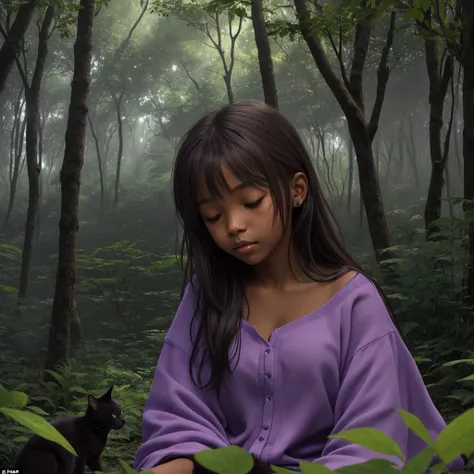 close-up view: a girl, light brown skin color, sleeps alone in the night forest in a clearing with purple cats, one black cat sits next to her