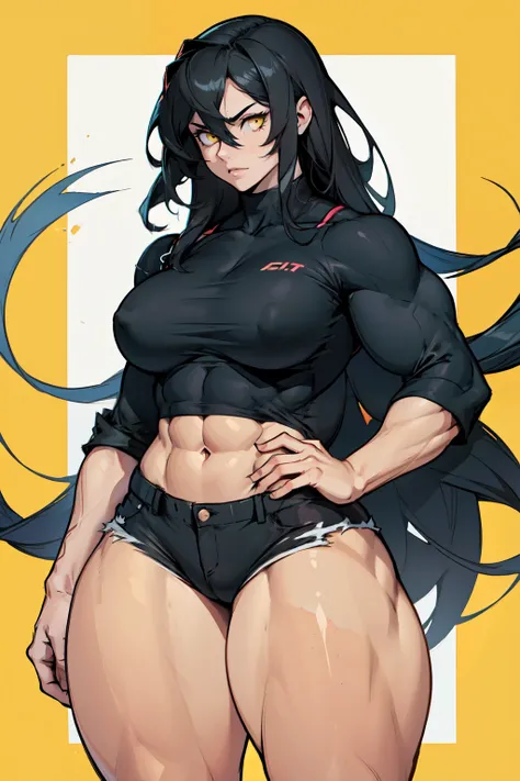 ((((muscular 1girl)))) ((((thick thighs toned body breasts)))) (pale skin) black hair yellow eyes very long hair tight shirt tight pants