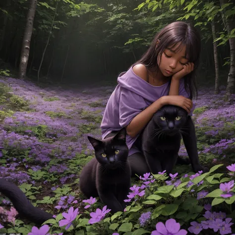 close-up view: a girl, light brown skin color, sleeps alone in the night forest in a clearing with purple flowers, one black cat sits next to her