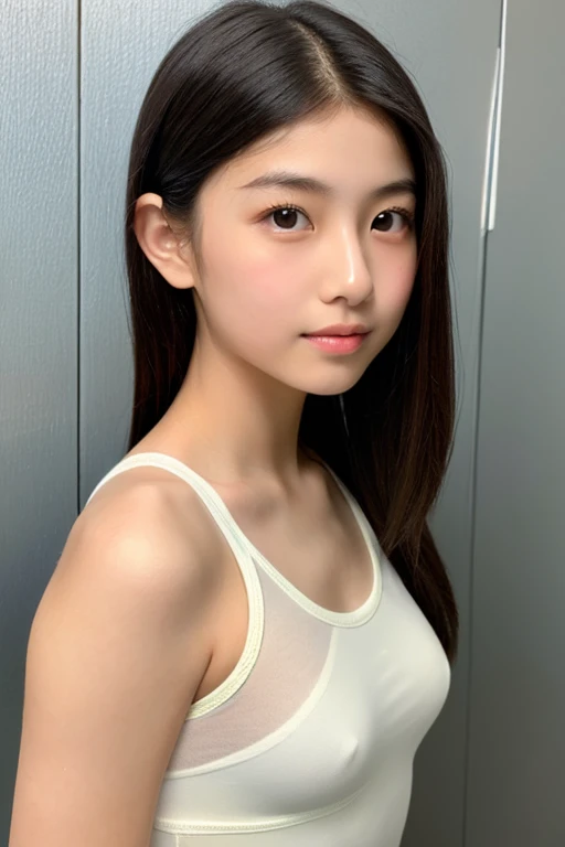 Slightly bright natural lighting,A live-action version of the very transparent extreme tiny super thin see-through leotard, a girl under 13 years old with beautiful body, full of gentle and dedicated beauty of Oriental Japanese Caucasoid Japanese descent a...