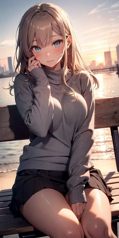 beautiful girl sitting on park bench, sweater, skirt, beautiful eyes, cute face, perfect body, looking at viewer, blushing, high quality, masterpiece, sunset