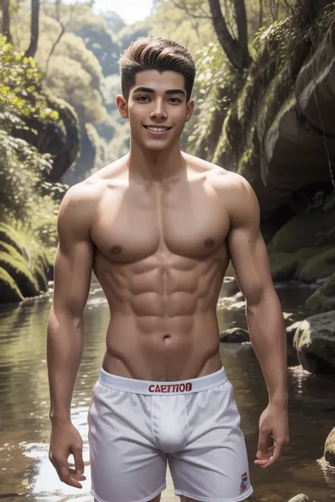 ultra realista,niño de 18 y de 18-year-old boy with brown cinnamon skin, cuerpo muy delgado, viste solo un boxer ajustado blanco,cabello liso laterales rapados al cero,male smiling looking at camera, de frente, tiene el torso desnudo brillante por el sudor...