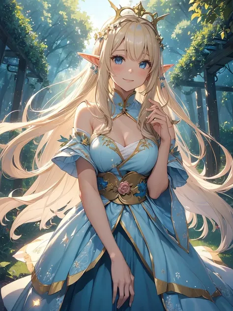 top-quality、Top image quality、​masterpiece、twogirls((20yr old、Best Bust、big bast、Bust 90,Beautiful blue eyes、,Blonde long hair、A slender、Fairy feathers、flying though the air、a closeup、Esbian、Floating in the light、beautiful tiara、hiquality、Beautiful Art、Bac...