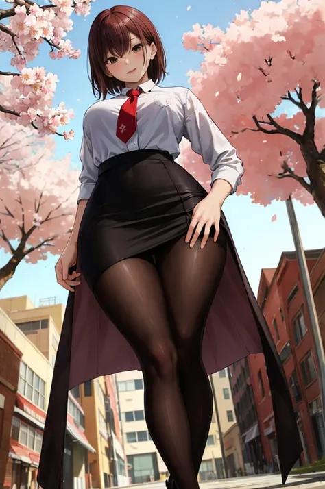 masterpiece, best quality,4girl,young girl, plum_pie eyes, brown, choppy bob,envious _face,shiny skin,medium breasts,nice leg line:1.3,thick thighs, thin waist,school uniform, thighhighs,necktie,((pencil skirt)),red color high heels, pantyhose, , Pathway_l...