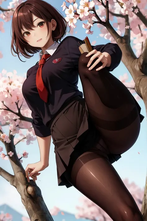 masterpiece, best quality,4girl,young girl, plum_pie eyes, brown, choppy bob,envious _face,shiny skin,medium breasts,nice leg line:1.3,thick thighs, thin waist,school uniform, thighhighs,necktie,((pencil skirt)),red color high heels, pantyhose, , Pathway_l...