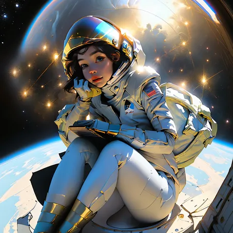 a woman in a space suit of gold, hold helmet and stars, girl in a cosmic dress, beautiful woman in spacesuit, melting away costume and helmet, cyborg goddess in cosmos, powerful woman sitting in space, highly detailed vfx portrait, light sparkle particles,...