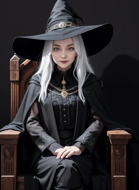 a 20 year old female wizard. wearing a long black cape. wearing a long black dress covering legs. Black clothes.  Wearing a witches hat on head. half of her face is in shadow. white background. Body Facing straight on to camera. Eyes looking straight at ca...