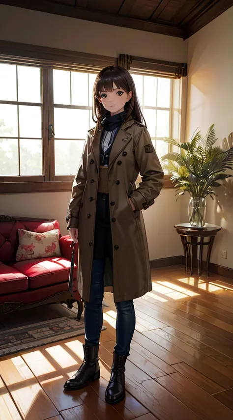 A girl with shoulder-length brown hair and amber eyes, Usa um trench coat preto com capuz, Meias marrons, e botas pretas na altura do joelho, standing in the living room. 
(best quality,4k,8k,A high resolution,master part:1.2), ultra-detalhado, (Realistic,...