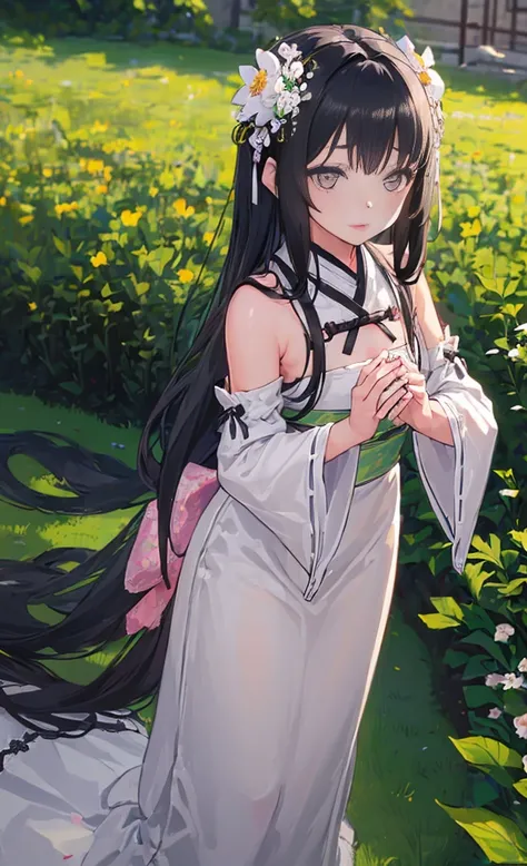 (little girl:1.5),lace,ribbon,hanfu,(masterpiece, sidelighting, finely detailed beautiful gray eyes: 1.2), masterpiece, realistic, glowing eyes,shiny hair,black hair,long long hair, lustrous skin, solo, embarassed,Strapless,exquisite,beautifly,garden,flowe...