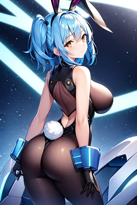 1girl, blue hair, large breasts, bunny ears, rabbit ears, wide hips, bodysuit, black bodysuit, short hair, very short hair, science-fiction, tech, futuristic, machinery, neon trim, happy, light smile, from behind, ass,