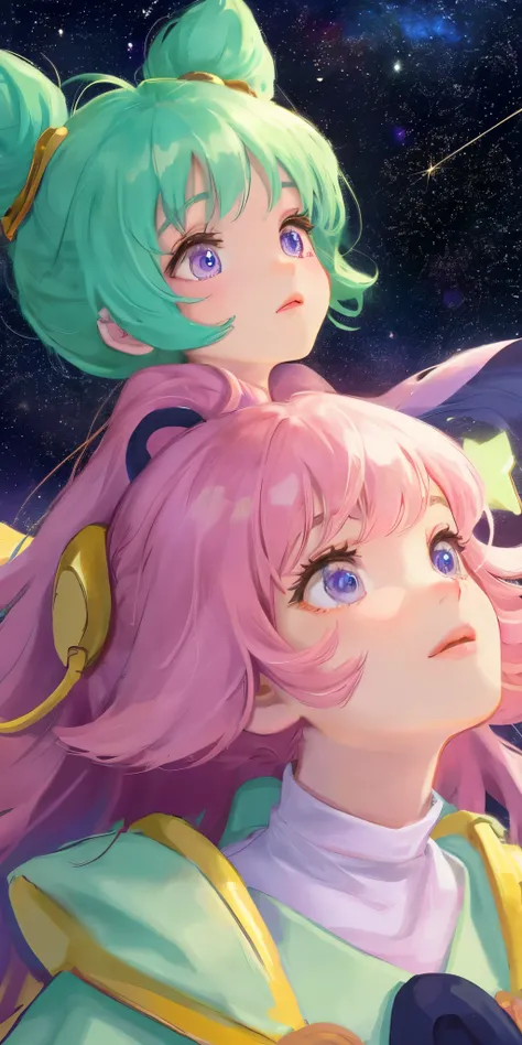 A cartoon girl looking up on the stars