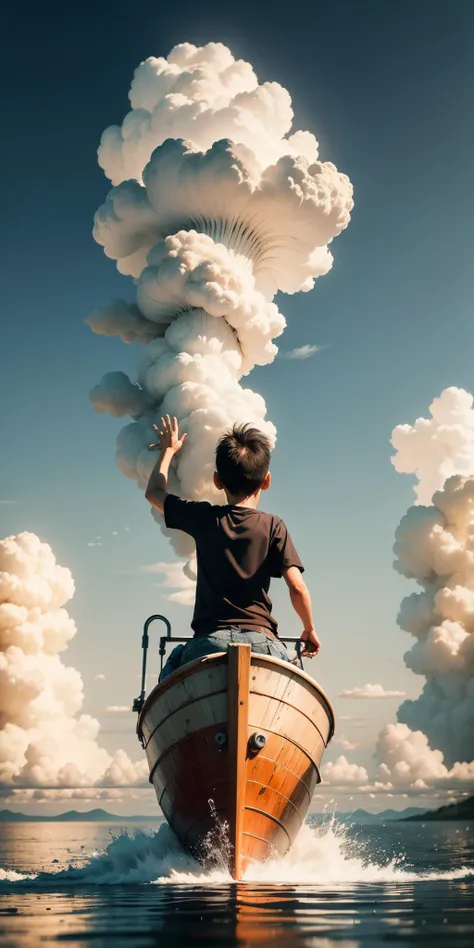 little boy riding a boat waving at the atmosphere and Indonesian people