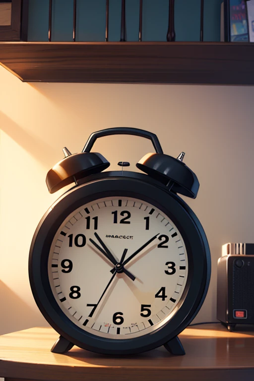 a close-up digital alarm clock beeping at 10:30 in the morning, on top of a rack, in the bedroom