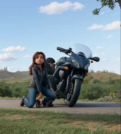 Woman kneels next to a motorcycle on a street,