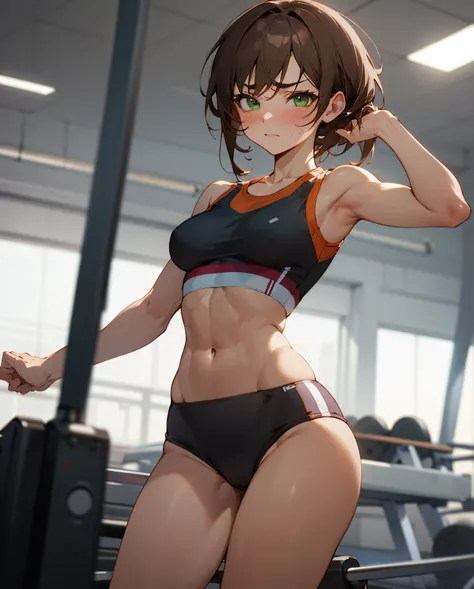 Non NSFW, in gym, big gym, high resolution, professional lighting, anime, 8k, masterpiece, best quality, 1girl, tomboy, perfect face, beautiful face, medium small breasts, petite tan girl, lovely green eyes, thin eyebrows, from the front, looking ahead, sh...