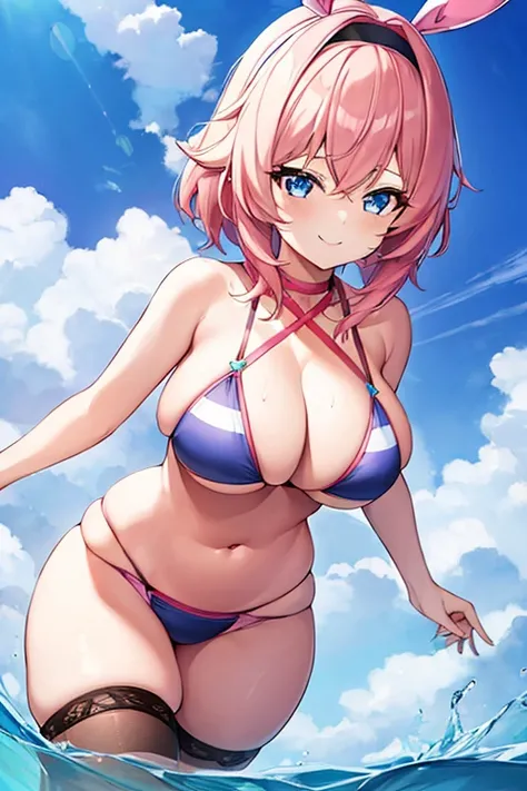 1girl, Eula (genshin impact), eula (genshin impact), pink hair, black headband, blue eyes, large breasts, 2d, anime style, anime screencap, large breasts, thick thighs, wide hips, smile, light smile, bikini, striped bikini, blue stripes, white bikini, head...