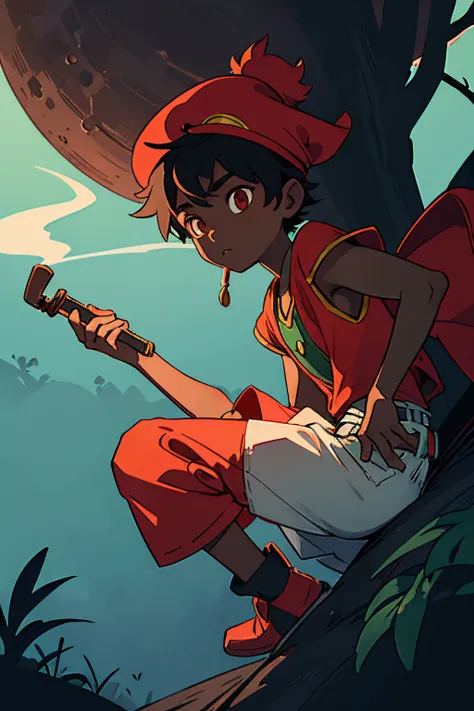 young boy, black skin, native brazilian, peter pan red hat, florest dense on moon light, holding smoking pipe, one leg man