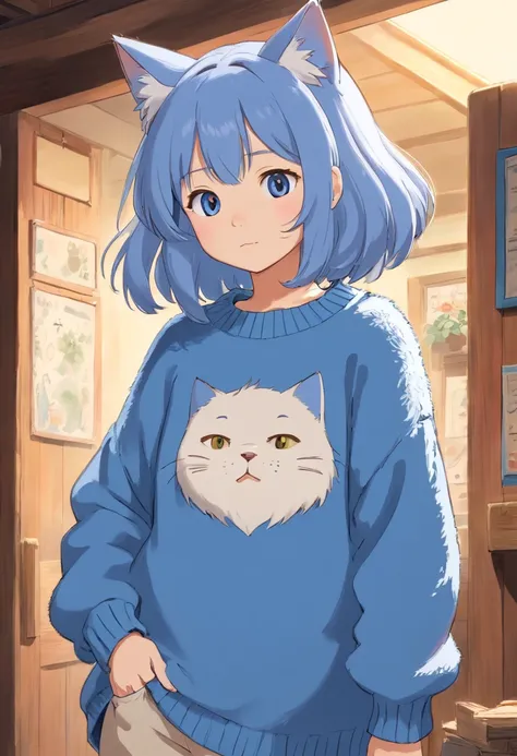 The soft, Cute adult neko，Wearing a loose fluffy blue sweater, are standing