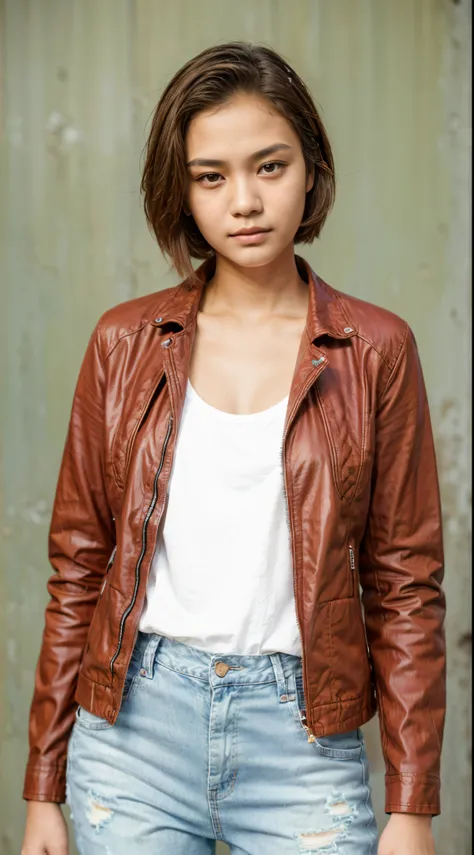 ((high quality)), ((masterpiece)), 8k, 18 years old indonesian girl, slender, small breast, brown short hair, white shirt, red jacket, distressed jeans, smug face, depth of field, face to camera. professional model,