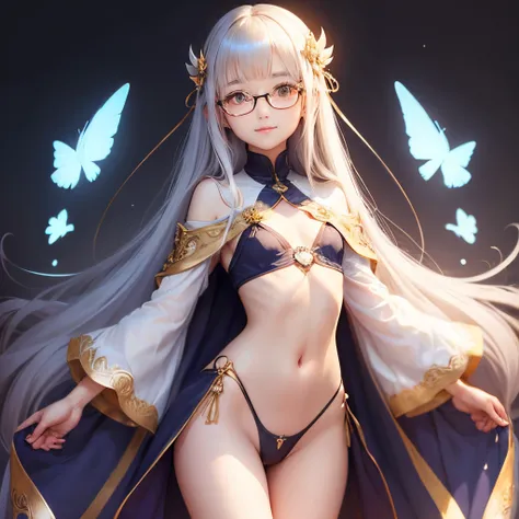 Transparent hair、hime-cut、Golden Eyes、eye glasses、ssmile、early teenage girls、flat chest、Thin pubic hair、Beautiful open legs、robe