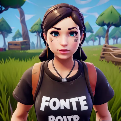 fortnite skin, female. blue eyes, light freckles, eyelashes, medium light brown hair, septum piercing, Black baggy band t shirt, baggy camouflage pants, converse shoes