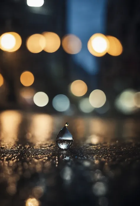 A macro shot a tiny rain drop about to hit the concrete, a reflection of a downtown street at night shines in the raindrop, shallow depth of field, photorealistic