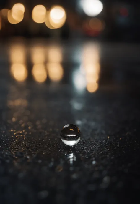 A macro shot a tiny rain drop about to hit the concrete, a reflection of a downtown street at night shines in the raindrop, shallow depth of field, photorealistic