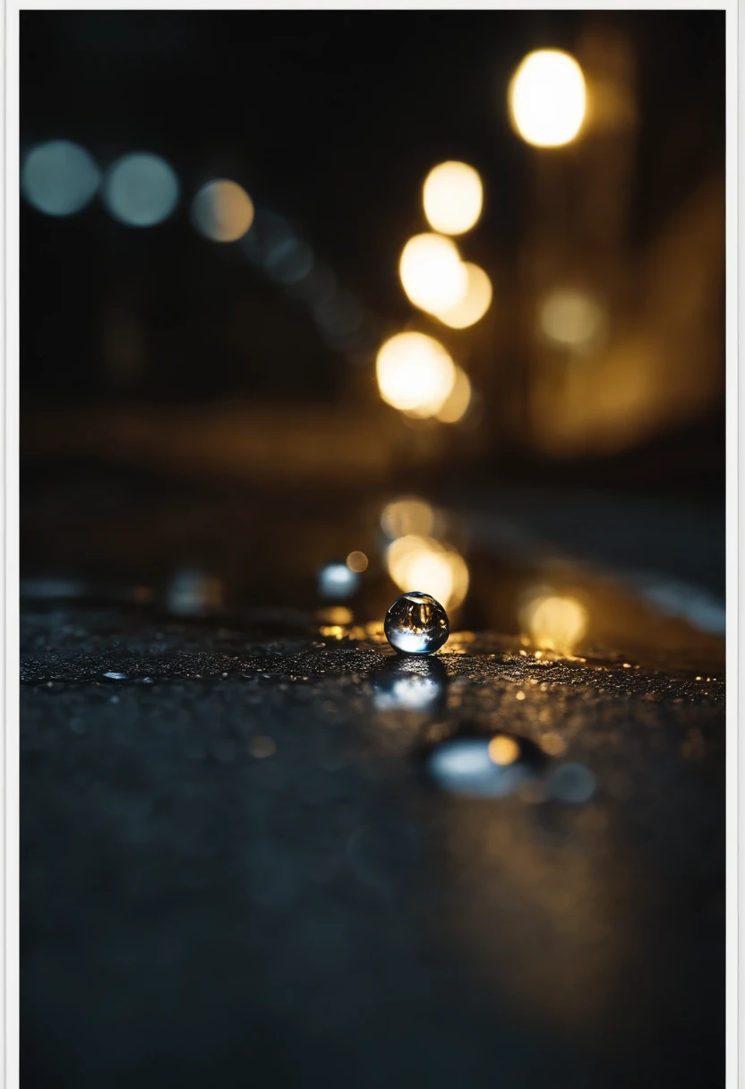 A macro shot a tiny rain drop about to hit the concrete, a reflection of a downtown street at night shines in the raindrop, shallow depth of field, photorealistic