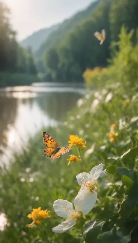 Beautiful energy art that gives power to those who see it。Landscape Images。butterflies dancing on the riverside。Fantastical。Dreamy。Fantasia。