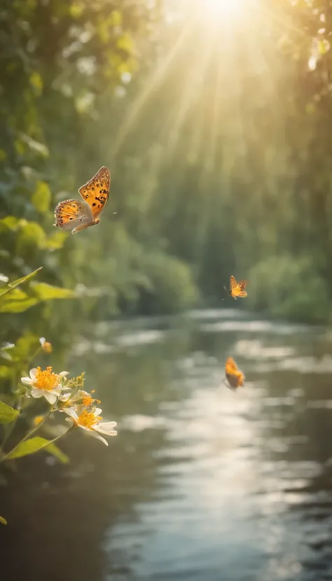 Beautiful energy art that gives power to those who see it。Landscape Images。butterflies dancing on the riverside。Fantastical。Dreamy。Fantasia。