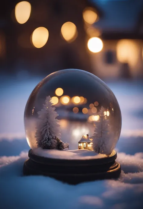 A frozen bubble resting in the snow showing a reflection of a cozy little village at night, macro shot, intricate detsil