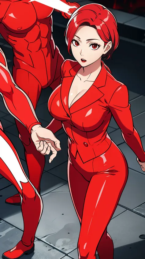 Red power suit with fine decoration on the body, high quality, psycho power flooding from both hands, background night,